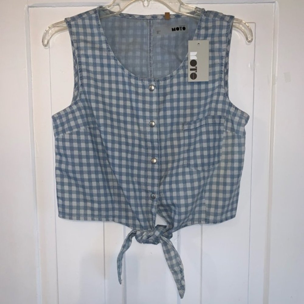 TopShop Moto Top Checked Blue Gingham Sleeveless Crop Tie-Front Top- NWT Sz 2